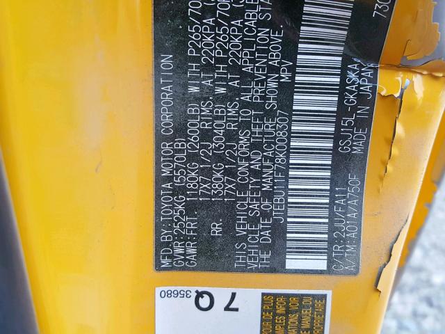 JTEBU11F78K008307 - 2008 TOYOTA FJ CRUISER YELLOW photo 10