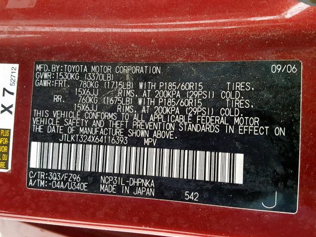 JTLKT324X64116393 - 2006 TOYOTA SCION XB Қызыл фото 10