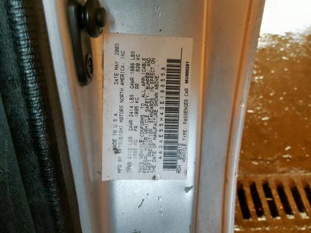 4A3AE55H43E188558 - 2003 MITSUBISHI ECLIPSE SP SILVER photo 10