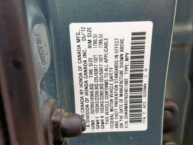 2HKRM4H7XCH611987 - 2012 HONDA CR-V EXL GRAY photo 10