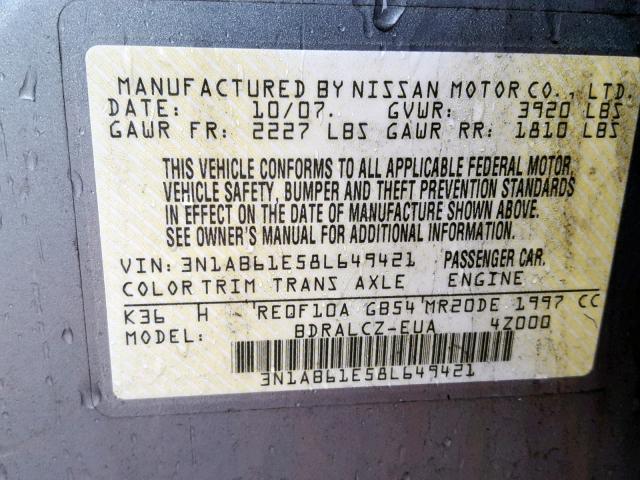 3N1AB61E58L649421 - 2008 NISSAN SENTRA 2.0 SILVER photo 10