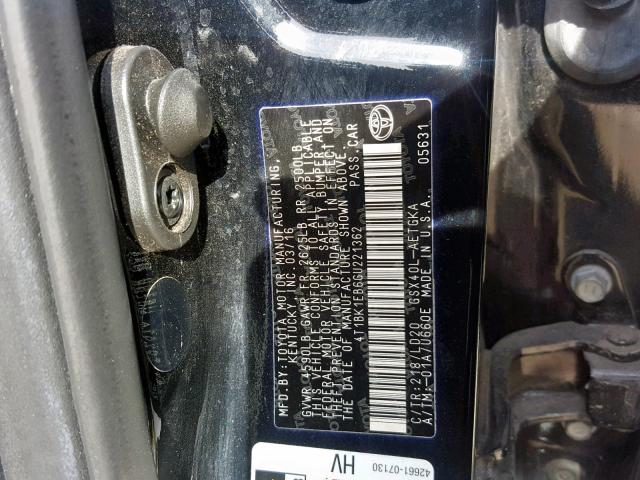 4T1BK1EB6GU221362 - 2016 TOYOTA AVALON XLE BLACK photo 10