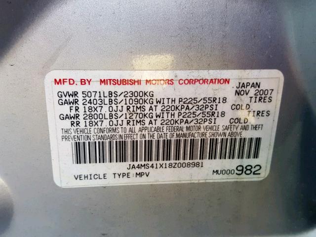 JA4MS41X18Z008981 - 2008 MITSUBISHI OUTLANDER SILVER photo 10