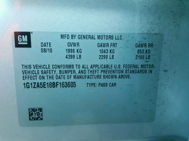 1G1ZA5E18BF163605 - 2011 CHEVROLET MALIBU LS 银色 照片 10