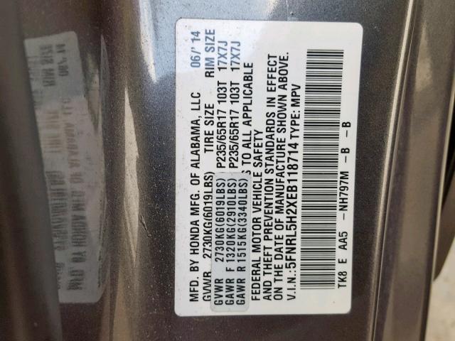 5FNRL5H2XEB118714 - 2014 HONDA ODYSSEY LX GRAY photo 10