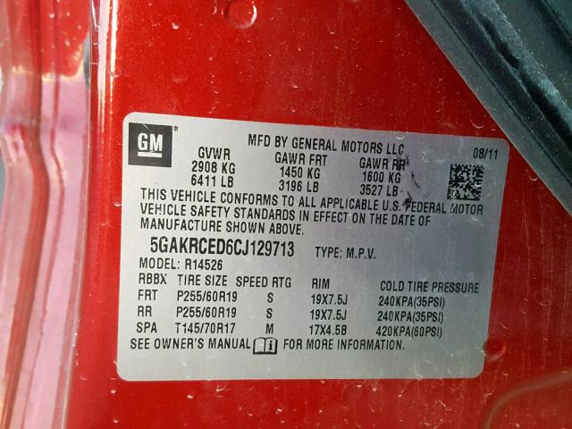 5GAKRCED6CJ129713 - 2012 BUICK ENCLAVE RED photo 10