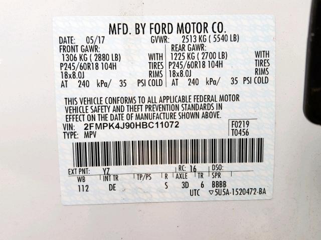 2FMPK4J90HBC11072 - 2017 FORD EDGE SEL WHITE photo 10