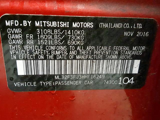 ML32F3FJ3HHF16249 - 2017 MITSUBISHI MIRAGE G4 RED photo 10