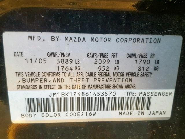 JM1BK124861453570 - 2006 MAZDA 3 S BLACK photo 10