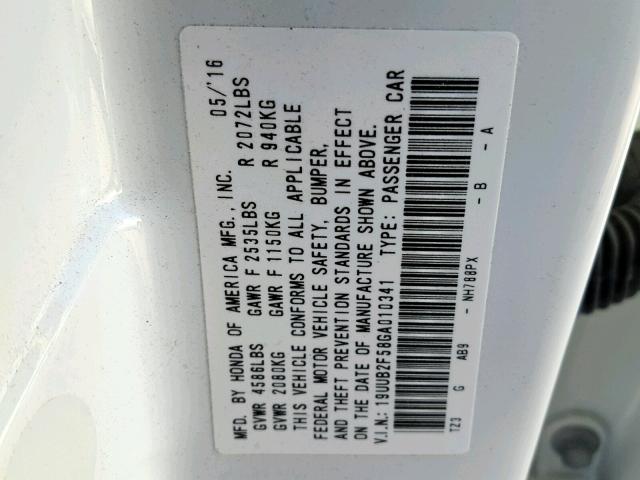 19UUB2F58GA010341 - 2016 ACURA TLX TECH WHITE photo 10