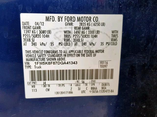 1FM5K8F87DGA41343 - 2013 FORD EXPLORER L BLUE photo 10