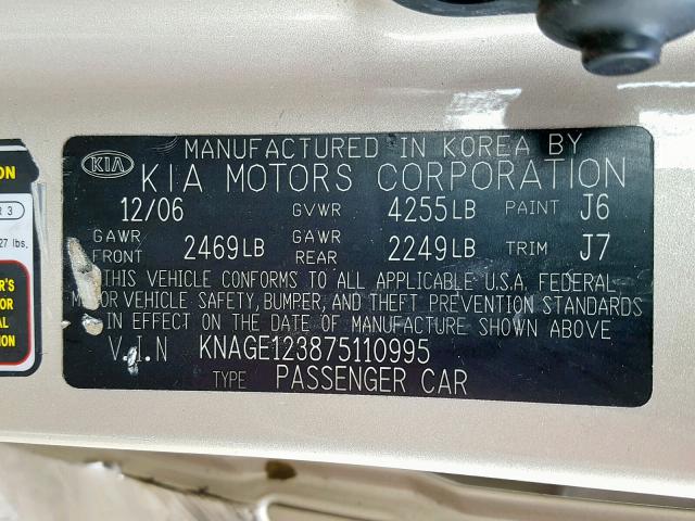 KNAGE123875110995 - 2007 KIA OPTIMA GOLD photo 10