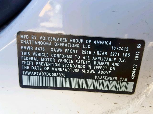 1VWAP7A37DC053376 - 2013 VOLKSWAGEN PASSAT S WHITE photo 10