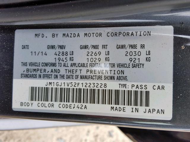 JM1GJ1V52F1223228 - 2015 MAZDA 6 TOURING GRAY photo 10