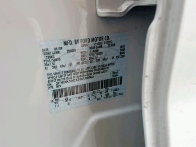 2FMDK39CX9BA86063 - 2009 FORD EDGE LIMIT WHITE photo 10