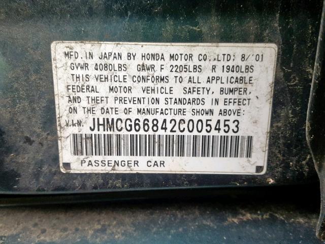 JHMCG66842C005453 - 2002 HONDA ACCORD EX GREEN photo 10