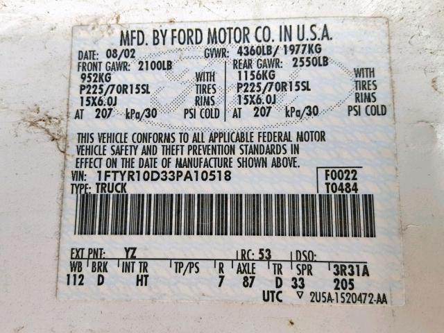 1FTYR10D33PA10518 - 2003 FORD RANGER WHITE photo 10