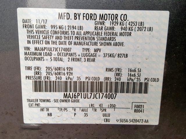 MAJ6P1UL7JC174007 - 2018 FORD ECOSPORT S BLUE photo 10