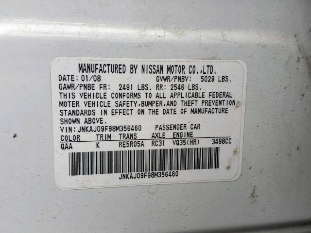 JNKAJ09F98M356460 - 2008 INFINITI EX35 BASE WHITE photo 10