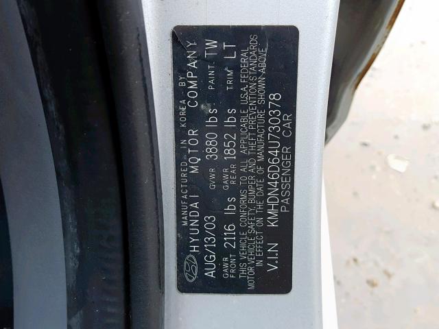 KMHDN46D64U730378 - 2004 HYUNDAI ELANTRA SILVER photo 10