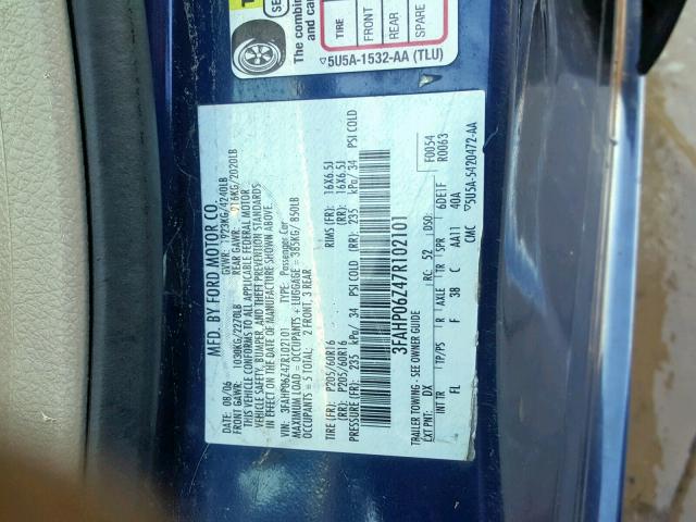 3FAHP06Z47R102101 - 2007 FORD FUSION S BLUE photo 10