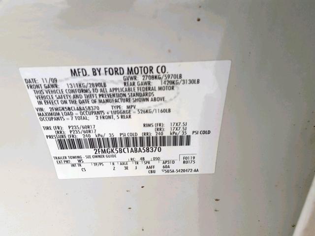 2FMGK5BC1ABA58370 - 2010 FORD FLEX SE WHITE photo 10