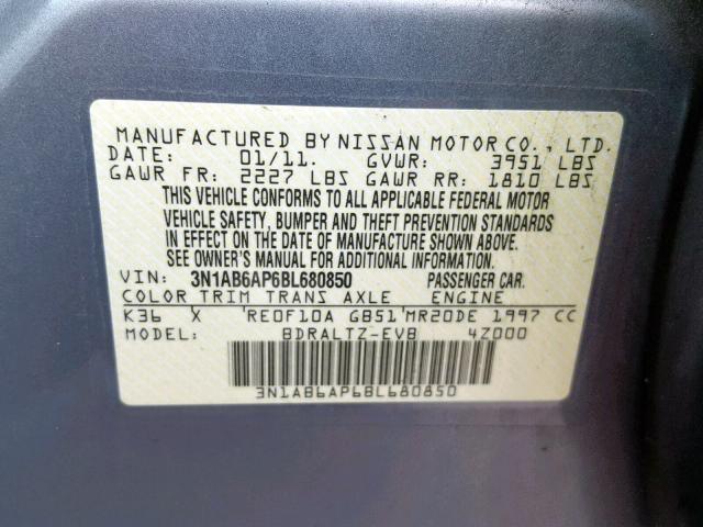 3N1AB6AP6BL680850 - 2011 NISSAN SENTRA 2.0 GRAY photo 10