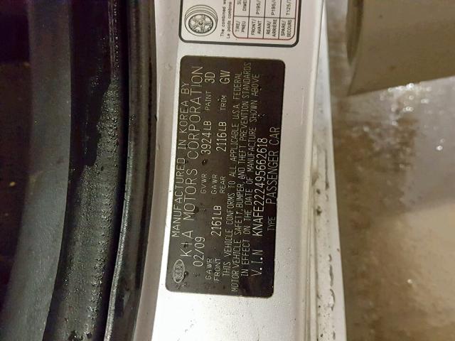 KNAFE222495662618 - 2009 KIA SPECTRA EX SILVER photo 10