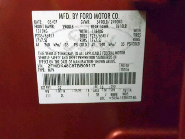 2FMDK48C87BB09117 - 2007 FORD EDGE SEL MAROON photo 10