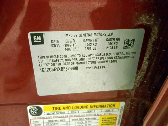 1G1ZC5E1XBF329990 - 2011 CHEVROLET MALIBU 1LT RED photo 10