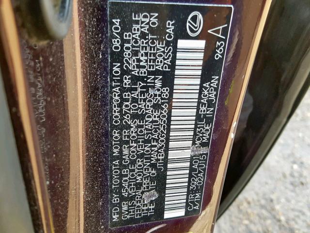 JTHBA30G255066188 - 2005 LEXUS ES 330 MAROON photo 10