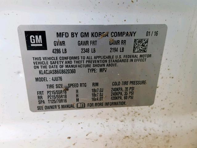 KL4CJASB6GB620360 - 2016 BUICK ENCORE WHITE photo 10