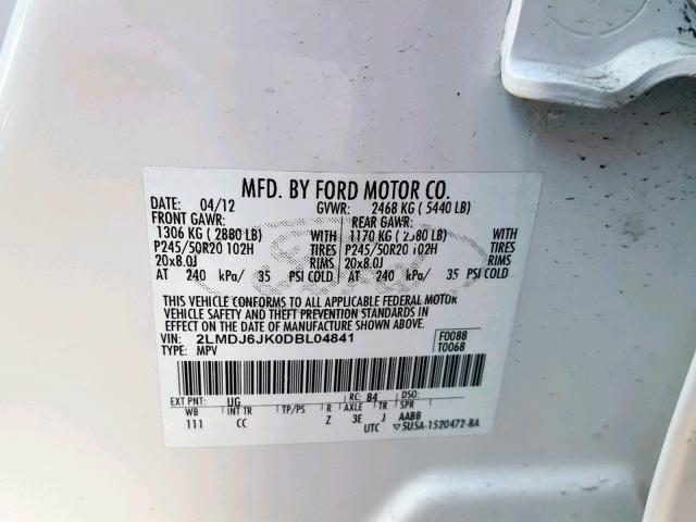 2LMDJ6JK0DBL04841 - 2013 LINCOLN MKX WHITE photo 10