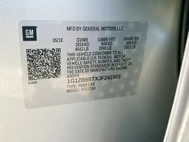 1G1ZB5STXJF241903 - 2018 CHEVROLET MALIBU LS SILVER photo 10