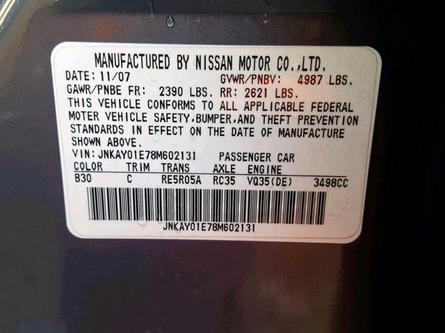 JNKAY01E78M602131 - 2008 INFINITI M35 BASE BLUE photo 10