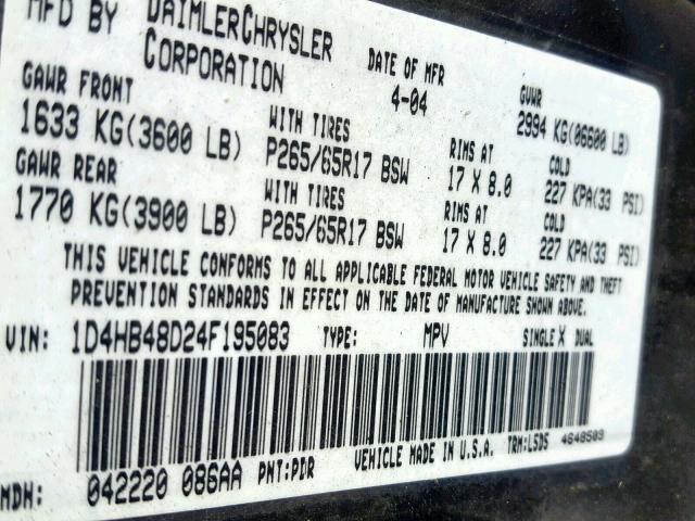 1D4HB48D24F195083 - 2004 DODGE DURANGO SL GRAY photo 10