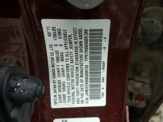 JHMZE2H56BS009120 - 2011 HONDA INSIGHT LX BURGUNDY photo 10