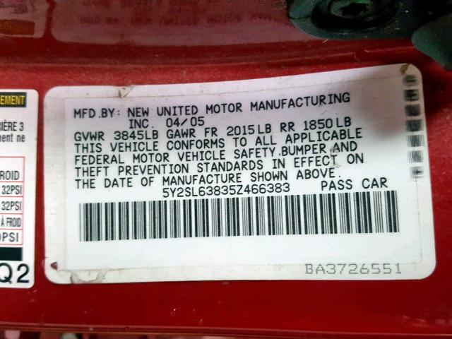 5Y2SL63835Z466383 - 2005 PONTIAC VIBE RED photo 10