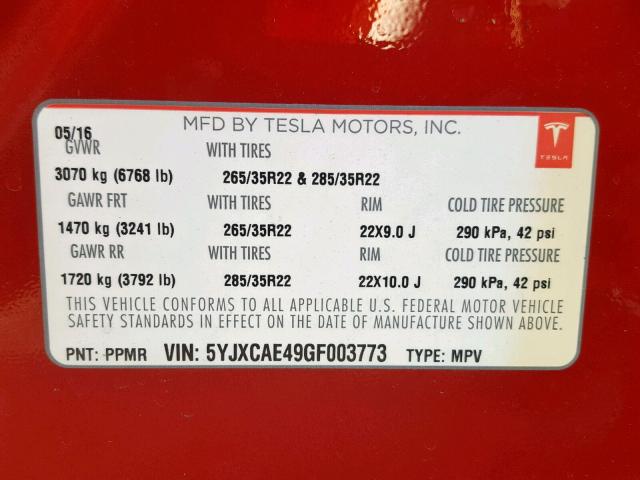 5YJXCAE49GF003773 - 2016 TESLA MODEL X RED photo 10