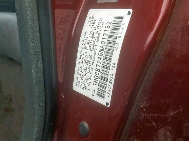 1HGCB7245NH013152 - 1992 HONDA ACCORD DX MAROON photo 10