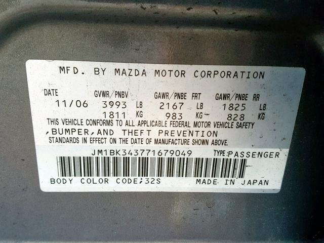 JM1BK343771679049 - 2007 MAZDA 3 HATCHBAC GRAY photo 10