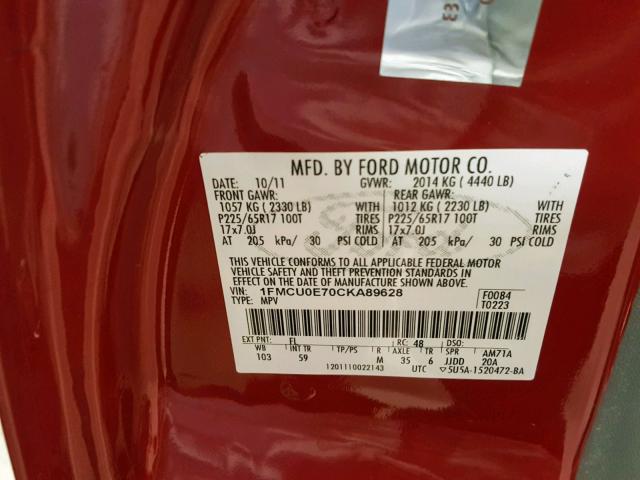 1FMCU0E70CKA89628 - 2012 FORD ESCAPE LIM RED photo 10