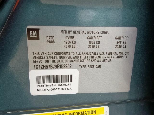 1G1ZH57B79F152252 - 2009 CHEVROLET MALIBU 1LT ტალღისფერი ფოტო 10