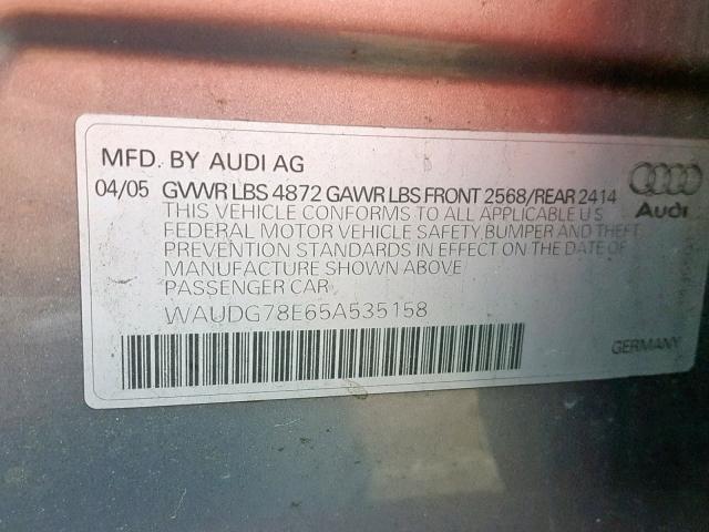 WAUDG78E65A535158 - 2005 AUDI A4 3.2 QUA GRAY photo 10