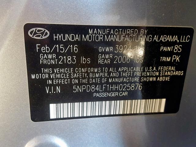 5NPD84LF1HH025876 - 2017 HYUNDAI ELANTRA SILVER photo 10