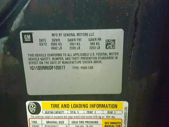 1G11D5RR6DF109517 - 2013 CHEVROLET MALIBU 1LT BLACK photo 10