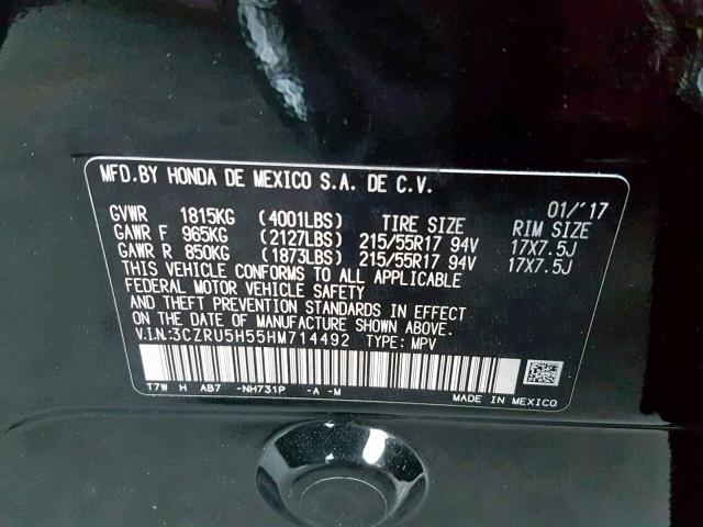 3CZRU5H55HM714492 - 2017 HONDA HR-V EX BLACK photo 10