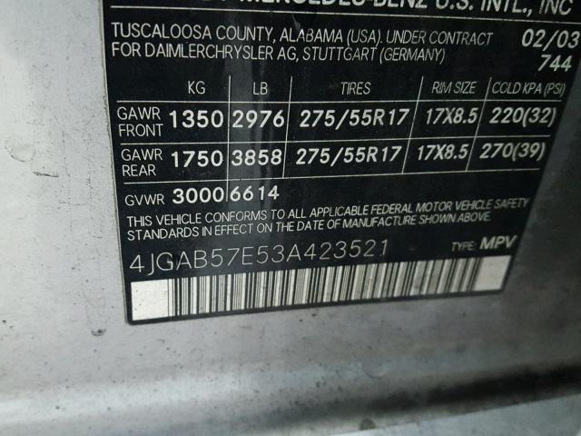 4JGAB57E53A423521 - 2003 MERCEDES-BENZ ML 350 SILVER photo 10