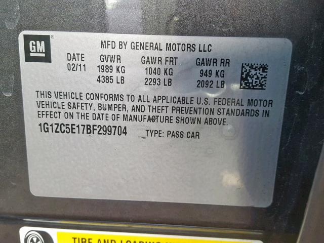 1G1ZC5E17BF299704 - 2011 CHEVROLET MALIBU 1LT GRAY photo 10