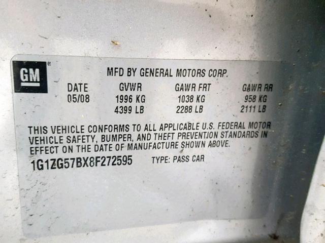 1G1ZG57BX8F272595 - 2008 CHEVROLET MALIBU LS 银色 照片 10